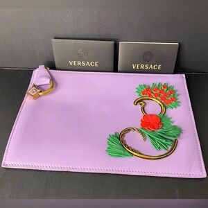 VERSACE Calfskin Flower Barocco Pouch in Violet. Authentic. VIDEO ADDED